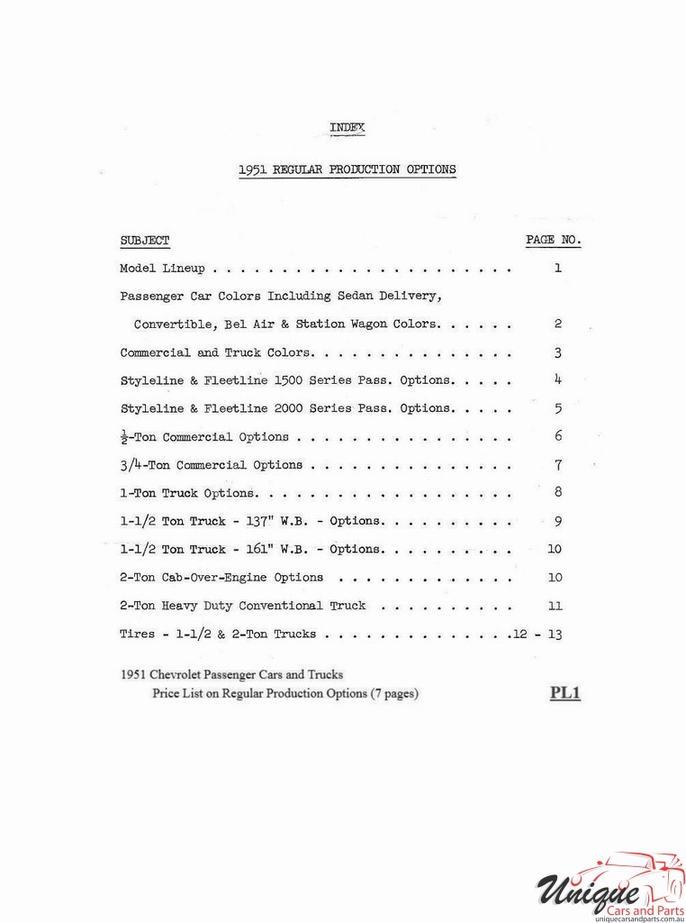 1951 Chevrolet Production Options List Page 9